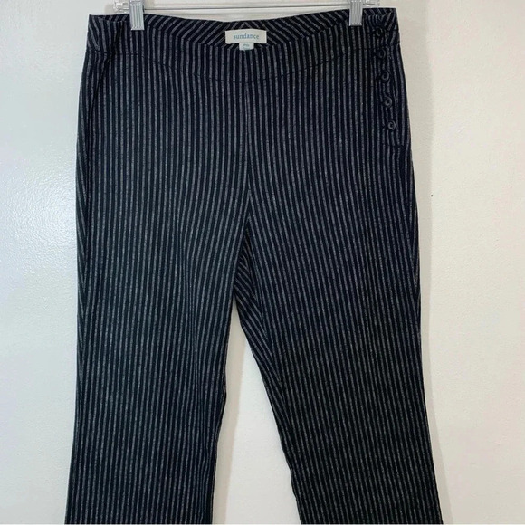 Sundance Pants Woman 10P  Linen Cotton Black Stripe Side Buttons Straight - Picture 2 of 13